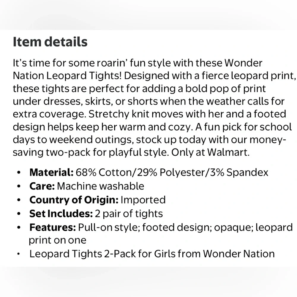 Wonder Nation Girls‎ Heavyweight Footed Tights 2-Pack Leopard Size L 12-16 NWT